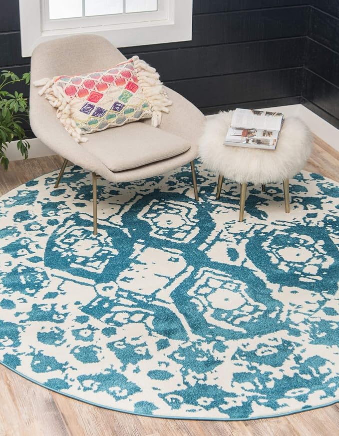 Unique Loom Rosso Collection Vintage Traditional Distressed Blue Round Rug (3' 3 x 3' 3)-Ruum Studio Home
