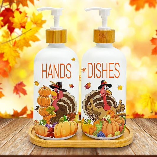 Hexagram Thanksgiving Decorations Indoor, Thanksgiving Kitchen Soap Dispenser Set of 2, Turkey Glass Soap Dispenser for Home Decor, Turkey Refillable Lotion Essential Oil Dispensers with Pump-Ruum Studio Home