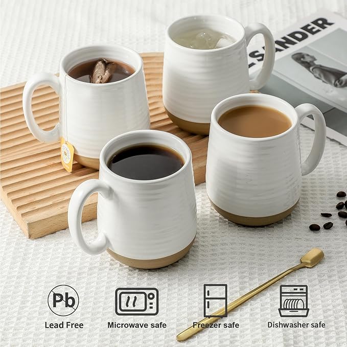 Hasense Coffee Mugs Set of 4, 15 oz Ceramic Coffee Cups with Comfortable Handle, Large Tea Cups for Coffee, Soup, Latte, Mug Set Gift for Wedding, Microwave and Dishwasher Safe, White-Ruum Studio Home
