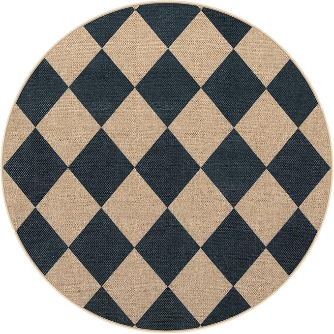 Lahome Checkered Round Rug 3ft, Circle Indoor Outdoor Entryway Patio Rug Washable Easy Jute Rug, Farmhouse Non Slip Small Round Rugs for Bedroom Porch Living Room Decor-Ruum Studio Home