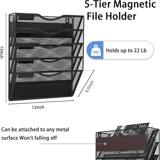 5-Tier Magnetic File Holder, No Drilling Installation File Cabinet Organizer, Black Magnetic File Organizer, Magazine Rack, Magnetic Paper Holder for Refrigerator, File Cabinets, Whiteboard-Ruum Studio Home