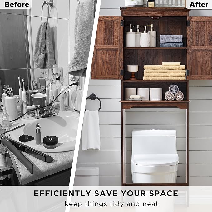 Over The Toilet Storage Cabinet, Farmhouse Bathroom Cabinet with Adjustable Shelf & Barn Door, 67" Tall Over The Toilet Shelf, Brown-Ruum Studio Home