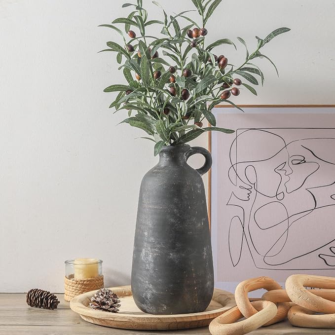 Ceramic Rustic Farmhouse Vase, 12.8" Large Rustic Black Pottery Vases Home Decor Decorative Boho Pampas Vase for Home Decor Table Living Room Decoration Shelf Mantel Enryway Kitchen-Ruum Studio Home