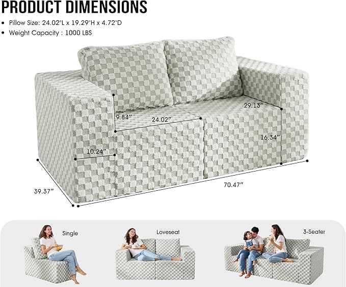 Modular Sectional Sofa 2 Seater Loveseat Modular Couch with Deep Seat Memory Foam Cloud Sofa Chair with Pillows Oversized Sectional Sofa for Living Room Bedroom (Plush GREYOLIVE, Loveseat)-Ruum Studio Home