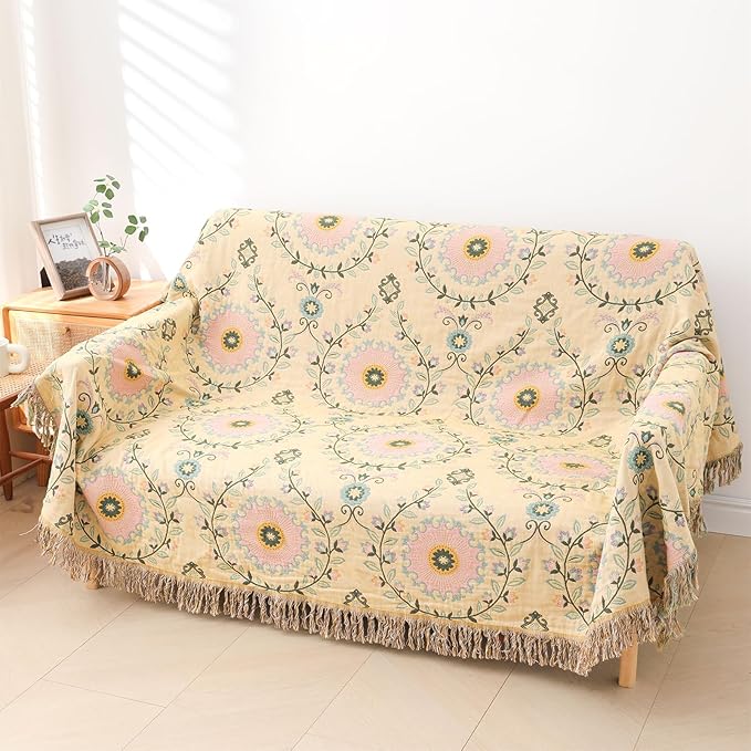 Snycler Boho Throw Blanket 60"x80" - 100% Cotton Ultra Soft Rustic Quilt, Green Floral Printed Farmhouse Decor for Bed, Sofa, Couch, Chair - All Season Cozy Blanket-Ruum Studio Home