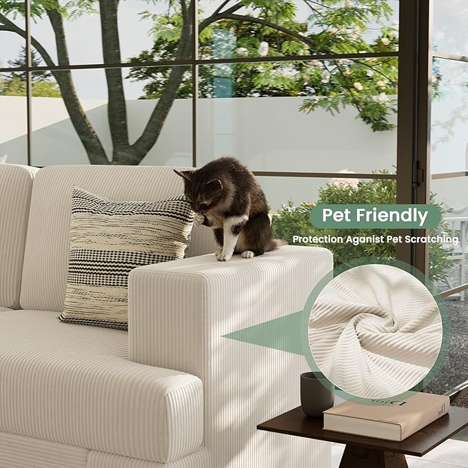 89" White Corduroy Sofa for Living Room, 3 Seater Cloud Couch, Deep Seat Floor Couch for Bedroom, Futon Modern Sofa Bed, White Corduroy-Ruum Studio Home