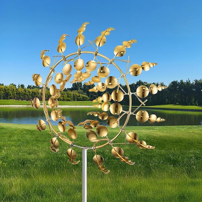 Unique and Magical Metal Windmill, 2Pcs Wind Spinners, 3D Wind Powered Kinetic Sculpture, Stainless Steel Wind Spinners, Wind Mill for Yard and Garden (2PCS-Golden)-Ruum Studio Home
