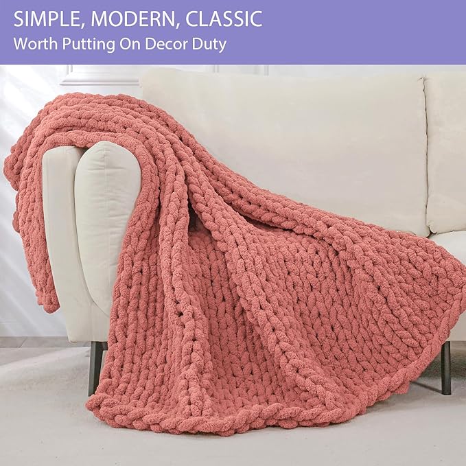 Bigacogo Chunky Knit Throw Blanket for Couch, 51x63 inches, 100% Hand Knitted with Thick Jumbo Chenille Yarn, Cozy Soft Large Rope Knot Cable Crochet Blankets for Sofa Bed Living Room, Antique Red-Ruum Studio Home