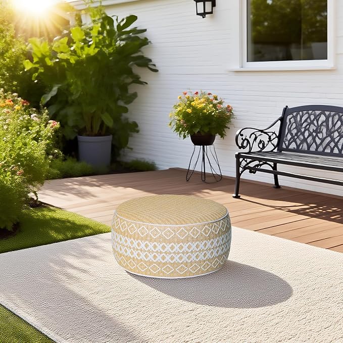 Outdoor Inflatable Ottoman with Air Pump, Embroidery Patio Footrest Stool D21”x H9”, Round Pouf Ottoman with Portable Handle Suitable for Garden, Camping, Bedroom, Living Room-Ruum Studio Home