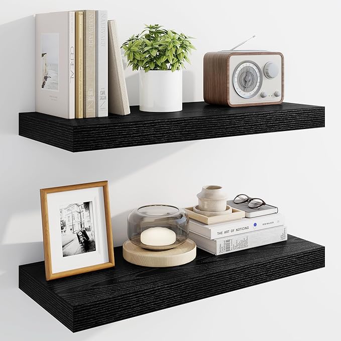 Marsmiles 24" Floating Shelves for Wall, Wooden Shelves with Invisible Brackets Set of 2, Rustic Farmhouse Wall Mounted Shelf for Kitchen Bathroom Living Room Study, Black-Ruum Studio Home