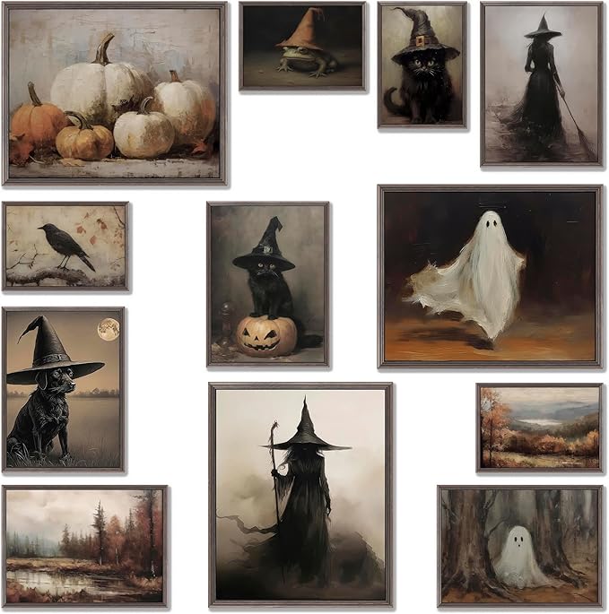 LANCHI95 12 Pcs Halloween Wall Art Prints, Vintage Witch Posters, Cute Ghost Pictures for Bedroom Decor (UNFRAMED)-Ruum Studio Home