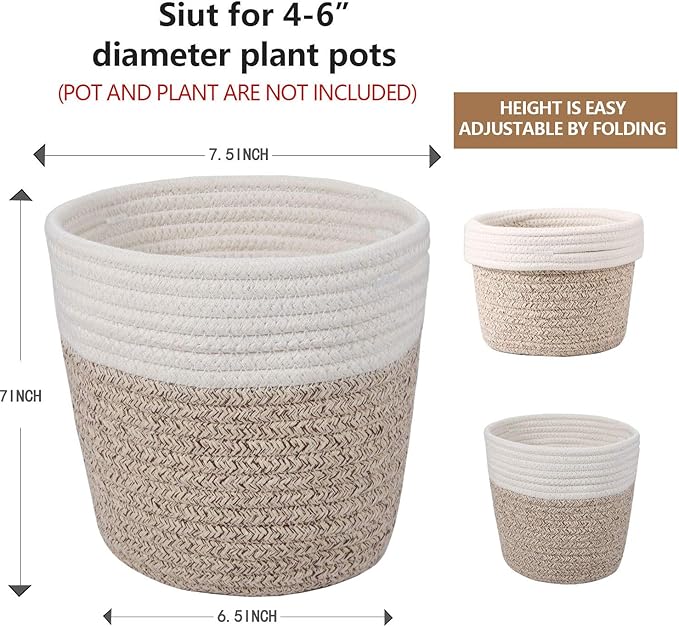 Cotton Rope Plant Basket Modern Woven Basket for 6" Flower Pot Floor Indoor Planters,Rustic Home Decor Storage Organizer H6 3/4" x W6 1/2"-Ruum Studio Home
