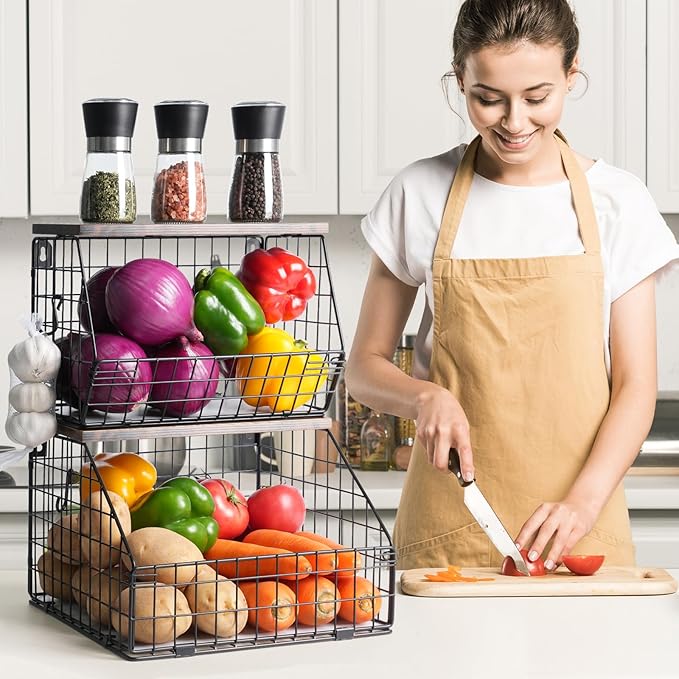 Fruit Basket, Stackable Wall Mounted Fruit Baskets, Potato Baskets Onion Storage for Kitchen, Hanging Wire Basket with Wood Lid, 2-Tier Vegetable Organizer Kitchen Countertop Organization-Ruum Studio Home