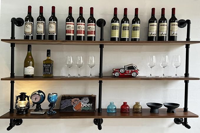 ROGMARS Industrial Pipe Wall Shelves Pipe Shelving,Natural Wood 60 Inches Long Walnut Floating Shelves for Wall Farmhouse Pipe Book Shelves for Kitchen,Living Room, Bar Shelving-Ruum Studio Home