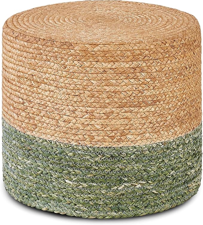 Wimarsbon 18'' Ottoman Pouf, Natural Braided Poof, Rustic Handweave Lounge Pouffe, Boho Footrest Stool for Bedroom, Accent Table for Living Room (Natural Water Hyacinth + Green Corn Husk)-Ruum Studio Home