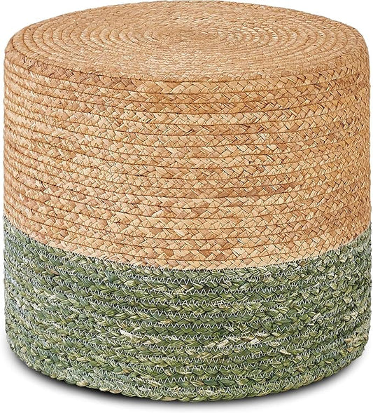 Wimarsbon 18'' Ottoman Pouf, Natural Braided Poof, Rustic Handweave Lounge Pouffe, Boho Footrest Stool for Bedroom, Accent Table for Living Room (Natural Water Hyacinth + Green Corn Husk)-Ruum Studio Home