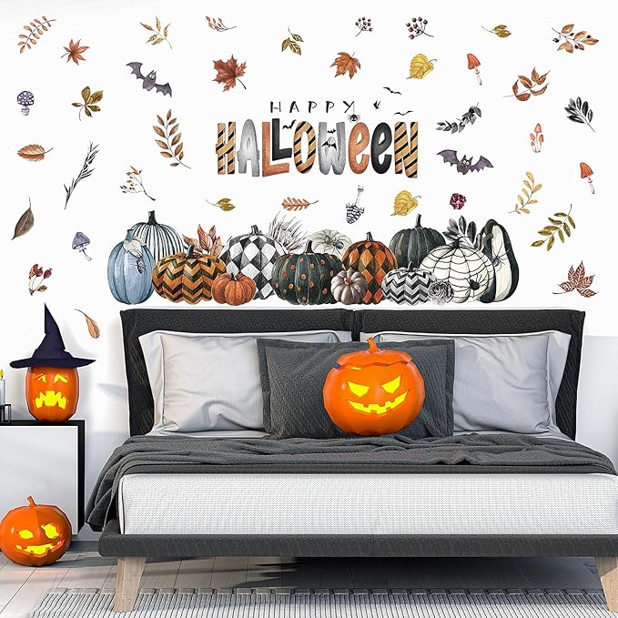 clothmile 40.15 x 38.58 Inch Happy Halloween Pumpkins Wall Decals Halloween Leaves Bat Spider Wall Stickers Halloween Removable Wall Sticker for Halloween Party Supplies Home Wall Decor-Ruum Studio Home