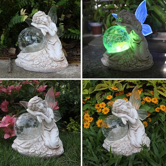 Solar Angel Garden Statue Outdoor Decor with Crackle Glass Globe Color Changing Light Angels Garden Figurines Garden Decor Lawn Ornaments for Patio Yard Lawn-Ruum Studio Home