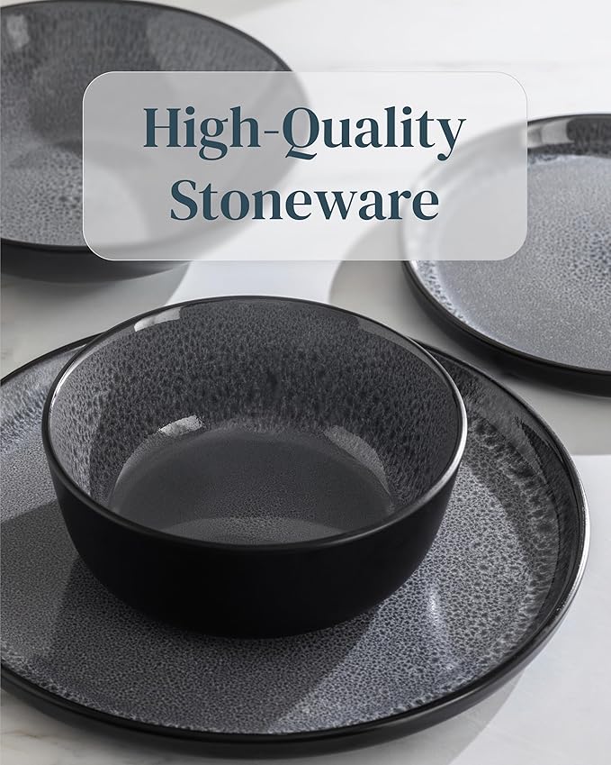 Stoneware dinnerware set 8 persons 24 pcs - Dishwasher, microwave and scratch resistant - Bowl and plate set 8 persons modern - Dinner service Pure Living black in gray…-Ruum Studio Home