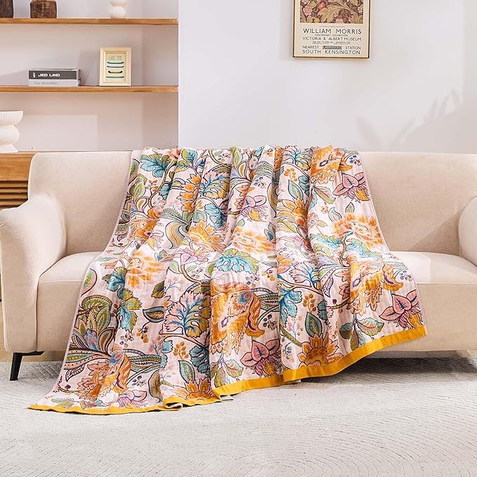 Boho Throw Blanket for Bed, 100% Cotton Soft Rustic Quilt Fall Blanket, 90"x98" Floral Printed Farmhouse Decor Bed Blankets, All Season Rustic Reversible Bohemian Throw Quilt-Ruum Studio Home