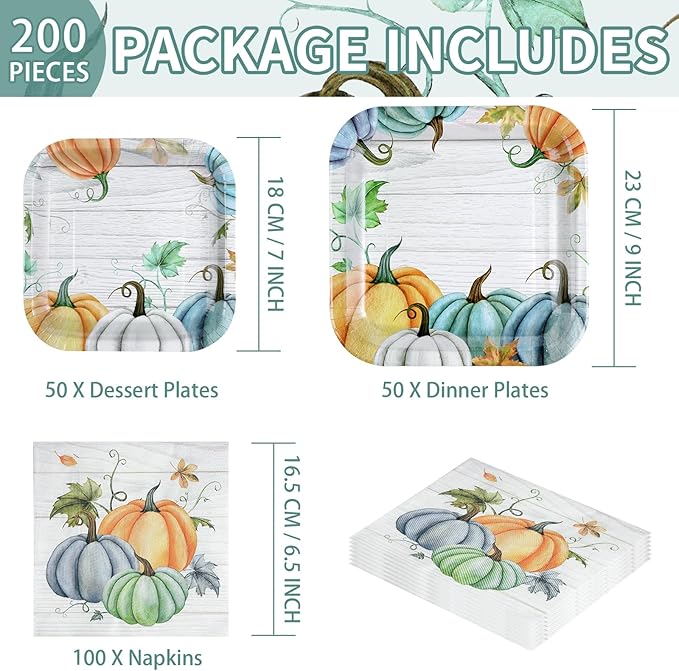 Grencian 200Pcs Fall Plates and Napkins Square Blue Pumpkins Plate Thanksgiving Paper Plates Pumpkin Wood Grain Dinnerware for Baby Shower Fall Harvest Family Thanksgiving Party Decorations, Serves 50-Ruum Studio Home