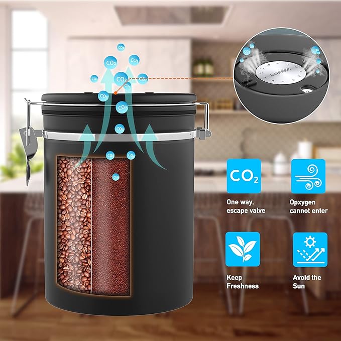 35OZ Coffee Canister for ground coffee with Date Tracker,beige 304 Stainless Steel Kitchen Food Airtight storage container for Coffee Beans or Grounds, Tea, Sugar-Ruum Studio Home