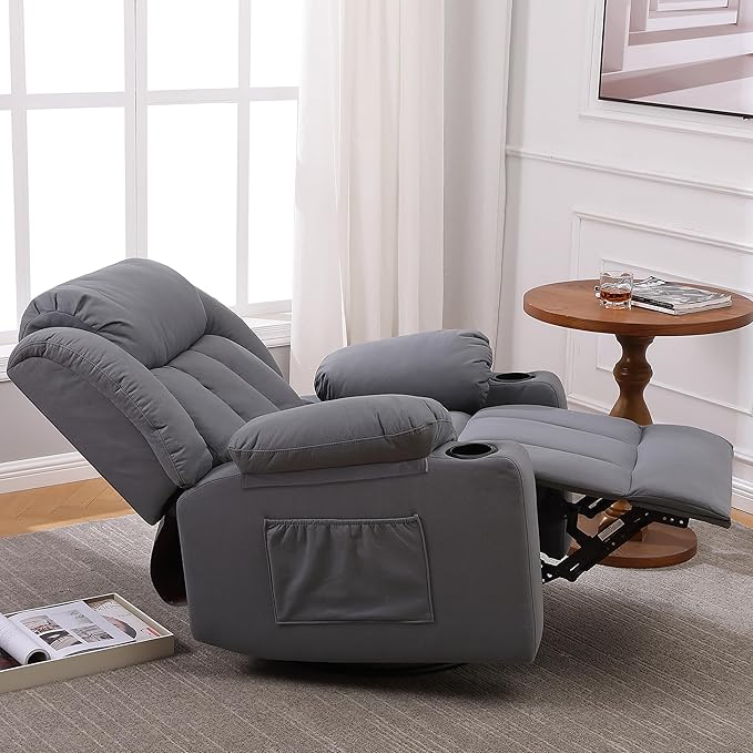 Rocker Swivel Recliner Chair for Adults, Overstuffed Large Manual Recliner Glider with Massage and Heat, Comfy Soft Fabric Living Room Reclining Sofa Chair(Technical Grey)-Ruum Studio Home