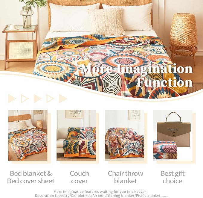 Vintage Throw Blanket Pure Cotton Soft Cozy Breathable Blanket for Couch Reversible Floral Printed Outdoor Throw Blanket Home Decor (60"x80",03-Colorful Art)-Ruum Studio Home