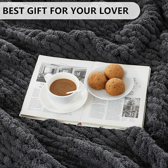 L'AGRATY Chunky Knit Blanket Throw - Soft Throw Blanket 40x50: 100% Hand Kintted Chenile Crochet Throw Blanket for Couch - Large Cable Knit Blanket for Home Decor (Dark Grey)-Ruum Studio Home