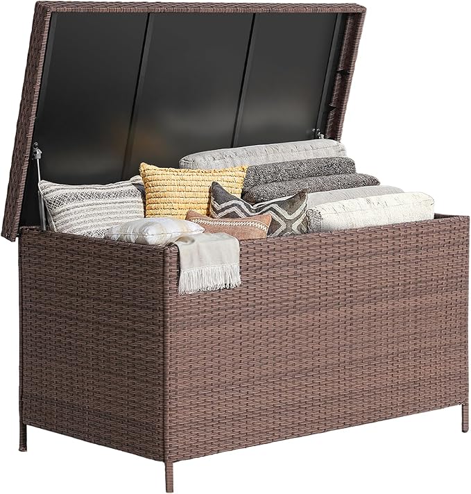 158 Gallon XL Deck Box with Lid, All Weather Wicker Outdoor Storage Box Waterproof, Large Outdoor Patio Storage Bin for Cushions, Garden Tools, Gears, Pool Accessories, Brown-Ruum Studio Home