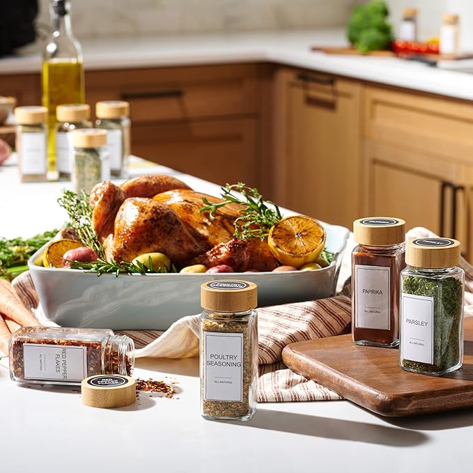 Set of 24 Glass Spice Jars with Various Labels, Bamboo Shaker Lids & Funnel, Kitchen Storage Jars with Airtight Lid, Spices & Seasonings Sets Organizer, Spice Containers, Glass Jar Food Canister-Ruum Studio Home