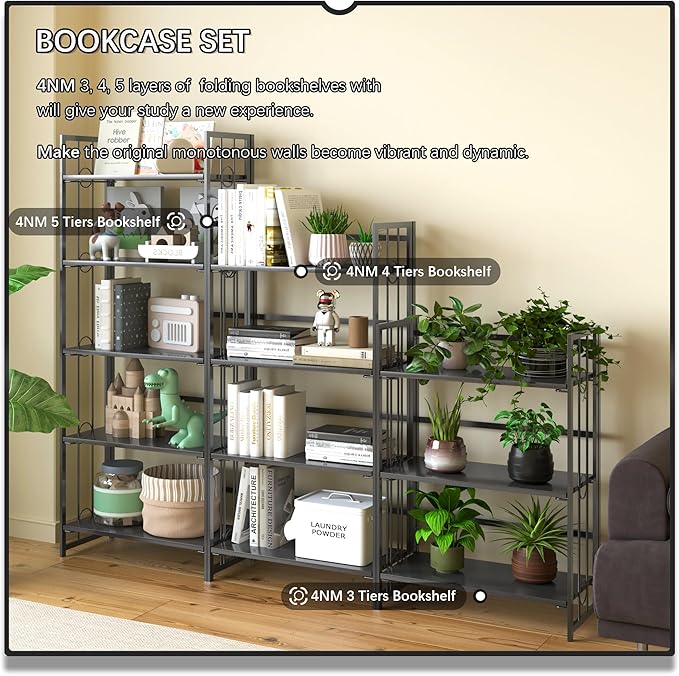 4NM No Assembly 4 Tiers Folding Bookshelf, 47.2" H Foldable Storage Shelves Vintage Bookcase Standing Racks Study Organizer Home Office - All Black-Ruum Studio Home