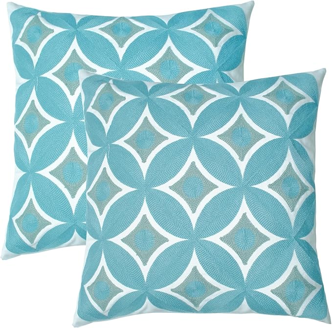 Embroidered Decorative Throw Pillow Cover, 18"x18" Set of 2, Farmhouse Pillowcase Blue Knit Pattern Cotton Canvas Cushion Case Square Floral Pillow Case for Sofa Couch Bed Living Room-Ruum Studio Home