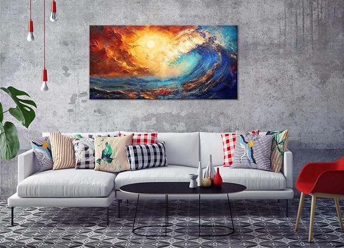 LASMOND Abstract Ocean Wall Art for Living Room Beautiful Blue Sea Wave Seawater Colorful Sky Landscape Wall Art Decor Artwork Bedroom Office (40 x 20 Inches)-Ruum Studio Home