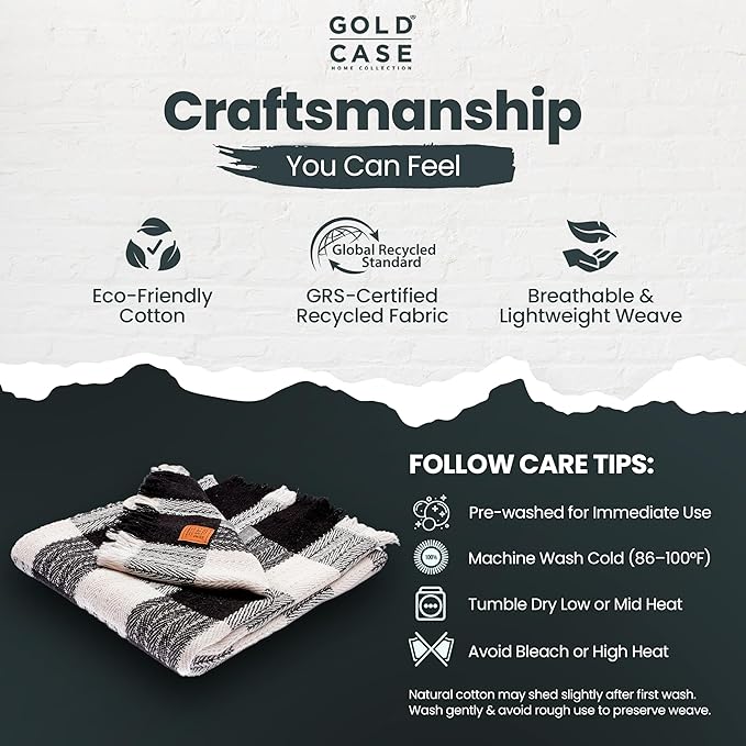 Gold Case Throw Blanket for Couch – 100% Recycled Turkish Cotton Blankets & Throws – Elegant Decorative Throw Blankets for Living Room Sofa – Woven Throws for Couch – Black – 60x80-Ruum Studio Home
