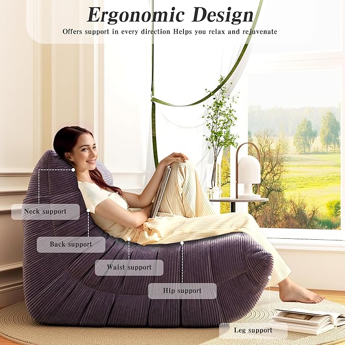 Bean Bag Chair, Lazy Floor Sofa Couch for Adults and Kids, Fireside Chair with Ergonomic Design, Memory Foam Lounge Chair for Living Room Bedroom, Office, Grey-Ruum Studio Home