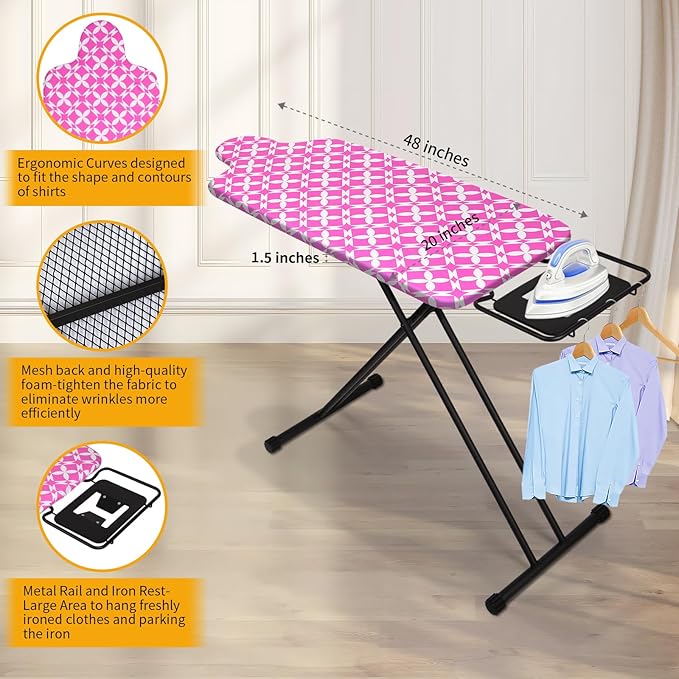 Extra Large Ironing Board with Hang Rail and Iron Rest 63" L x 20" W (Large with Iron Rest (Pink Cover))-Ruum Studio Home