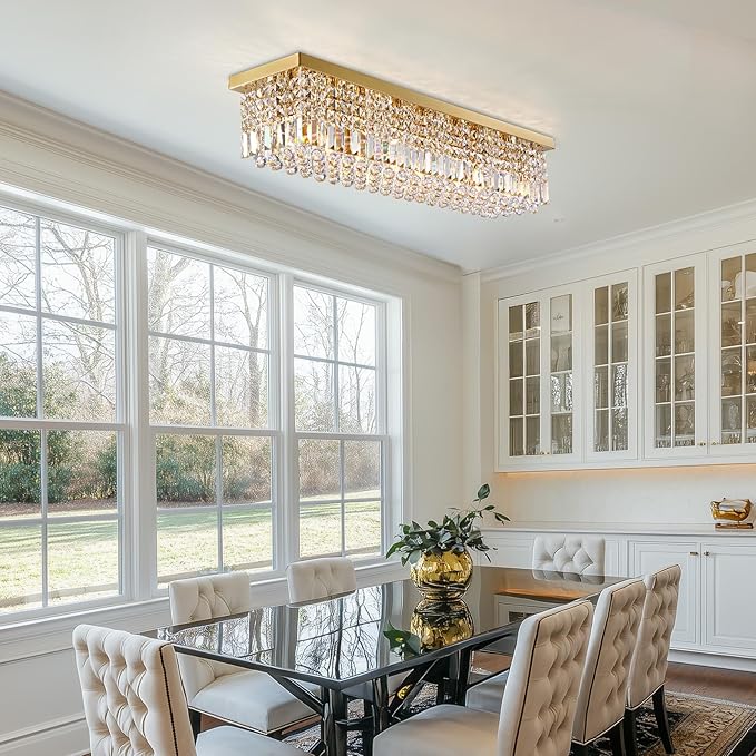 Rectangle Chandelier 8-Light Crystal Chandeliers, Modern Dining Room Light Fixture Luxury Gold Rectangular Flush Mount Chandelier Ceiling Light for Dining Room Living Room Kitchen Island Bar L40 Inch-Ruum Studio Home