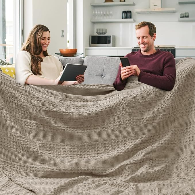 PHF 100% Cotton Waffle Blanket Oversized King 120"x120", Lightweight Breathable Extra Large 10'x10' Summer Blankets for Bed, Giant Big Luxury Aesthetic Woven Bedding for Home Decor, Simply Taupe-Ruum Studio Home