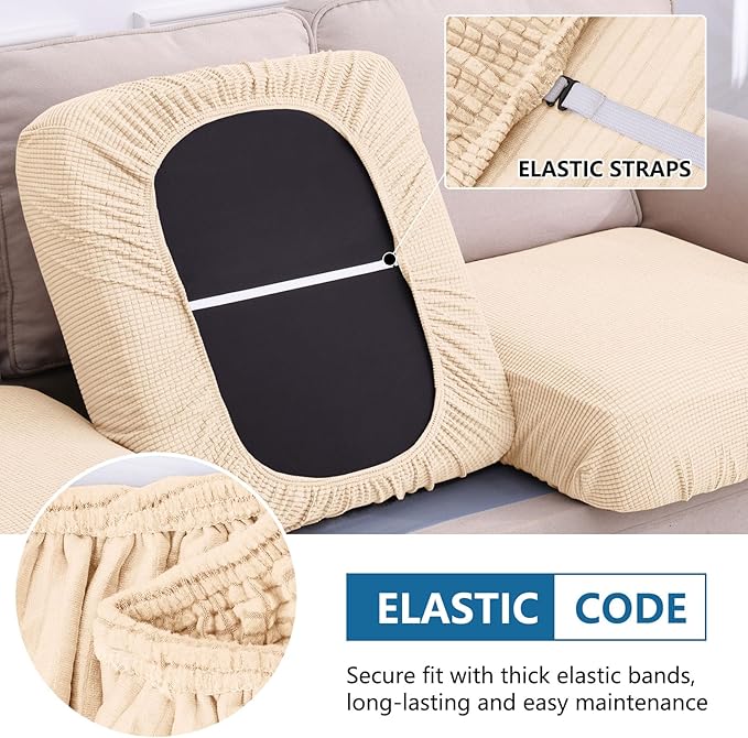 hyha Waterproof Couch Cushion Covers for Pets, Non Slip Sofa Seat Cover for Dogs Washable, Soft Thick Stretch Jacquard Fabric, Sofa Slipcovers with Elastic Bottom (1 Piece for Large, Beige)-Ruum Studio Home