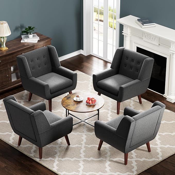 HUIMO Accent Chairs Set of 4, Upholstered Button Tufted Armchair, Linen Fabric Sofa Chairs for Bedroom, Living Room, Mid Century Modern Comfy Reading Chair (4, Grey)-Ruum Studio Home