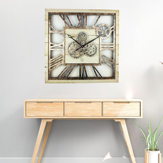 The Gears Clock 24'' Inch Square Real Moving Gear Wall Clock Vintage Industrial Oversized Rustic Farmhouse (Desert Beige)-Ruum Studio Home