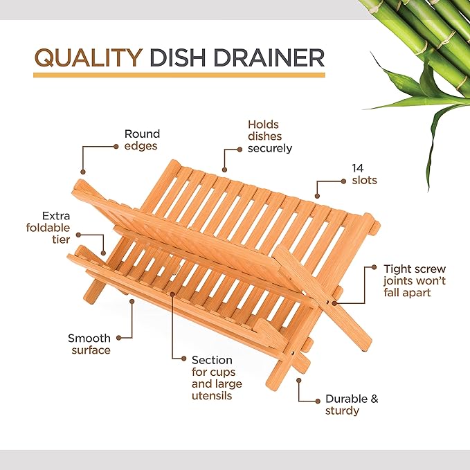 BAMBUSI Dish Drying Rack - Collapsible 2-Tier Bamboo Dish Rack for Kitchen Counter, Wooden Dish Drainer with Foldable Space-Saving Design - Drying Rack for Dishes, Plates, and Cups - Housewarming Gift-Ruum Studio Home