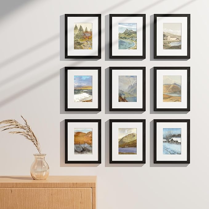 Vittanly 8x10 Picture Frames Set of 9, Shatter Resistant Plexiglass, Display 5x7 Pictures with Mat or 8x10 without Mat, Photo Frames for Wall or Tabletop, Engineered Wood, Black-Ruum Studio Home