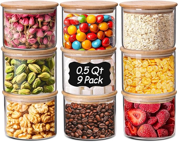 ComSaf 0.5 Qt Glass Food Storage Jars Set of 9, Clear Glass Storage Containers with Lids, Pantry Organization Jar, Spice, Salt, Blooming Tea, Coffee, Oat and Sugar Container, Small jar Set for Kitchen-Ruum Studio Home