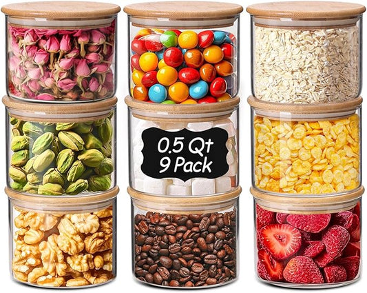 ComSaf 0.5 Qt Glass Food Storage Jars Set of 9, Clear Glass Storage Containers with Lids, Pantry Organization Jar, Spice, Salt, Blooming Tea, Coffee, Oat and Sugar Container, Small jar Set for Kitchen-Ruum Studio Home