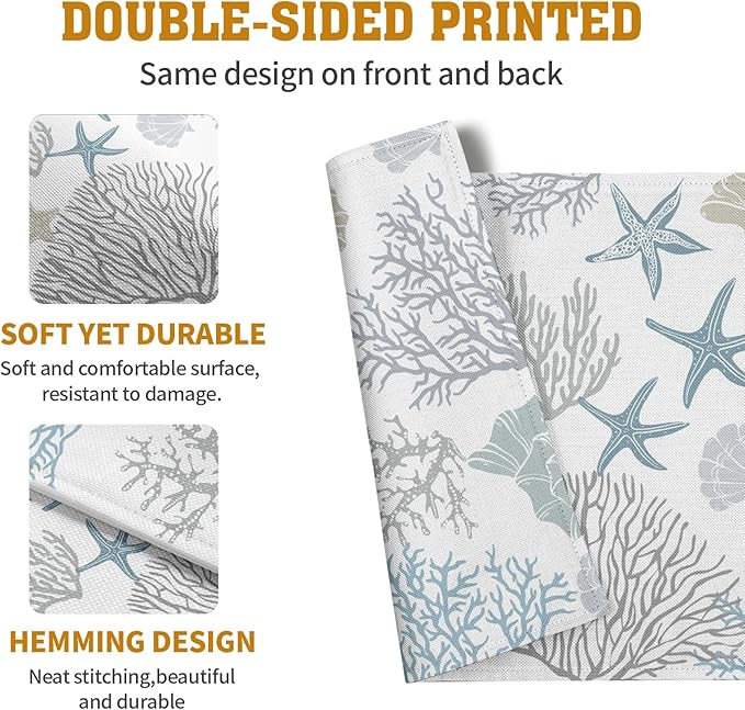 Summer Linen Placemats Set of 4 Nautical Coastal Theme Washable Non-Slip Heat Resistant Table Place Mat 12×18 Inch Ocean Beach Blue Grey Coral Starfish Place Mats for Kitchen Dining Table-Ruum Studio Home
