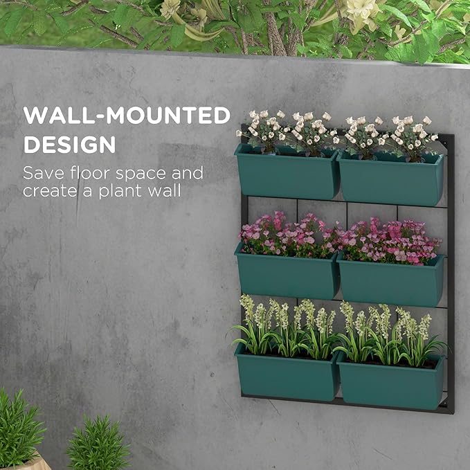 Outsunny 3-Tier Wall Planter with 6 Pots for Indoor and Outdoor Use, Hanging Plant Holder, Self Draining Wall Mounted Planter for Vegetables, Flowers, Herbs, Green-Ruum Studio Home