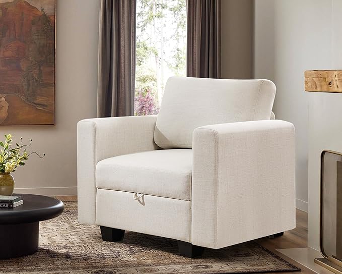 38.5 Oversized Accent Chair with Storage Beige, Single Modern Accent Sofa Chair with Arms for Apartment Living Room Linen(21" Deep Seat)-Ruum Studio Home