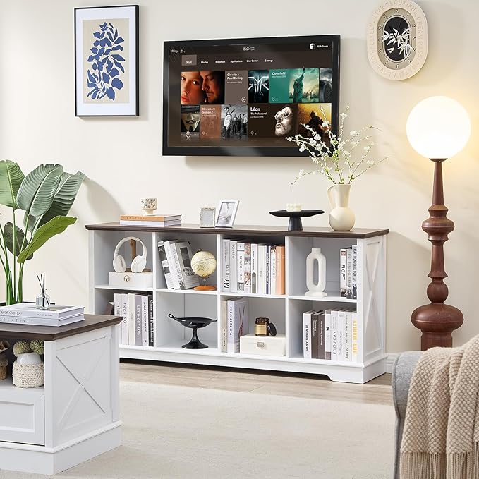 Farmhouse 8 Cube Bookshelf, White Storage Organizer Bookcase, Kids Toy Storage Cabinet, Long Bookshelves Storage Organizer Shelf, Wood Display Cabinet Book Shelves for Bedroom,Living Room,Office-Ruum Studio Home